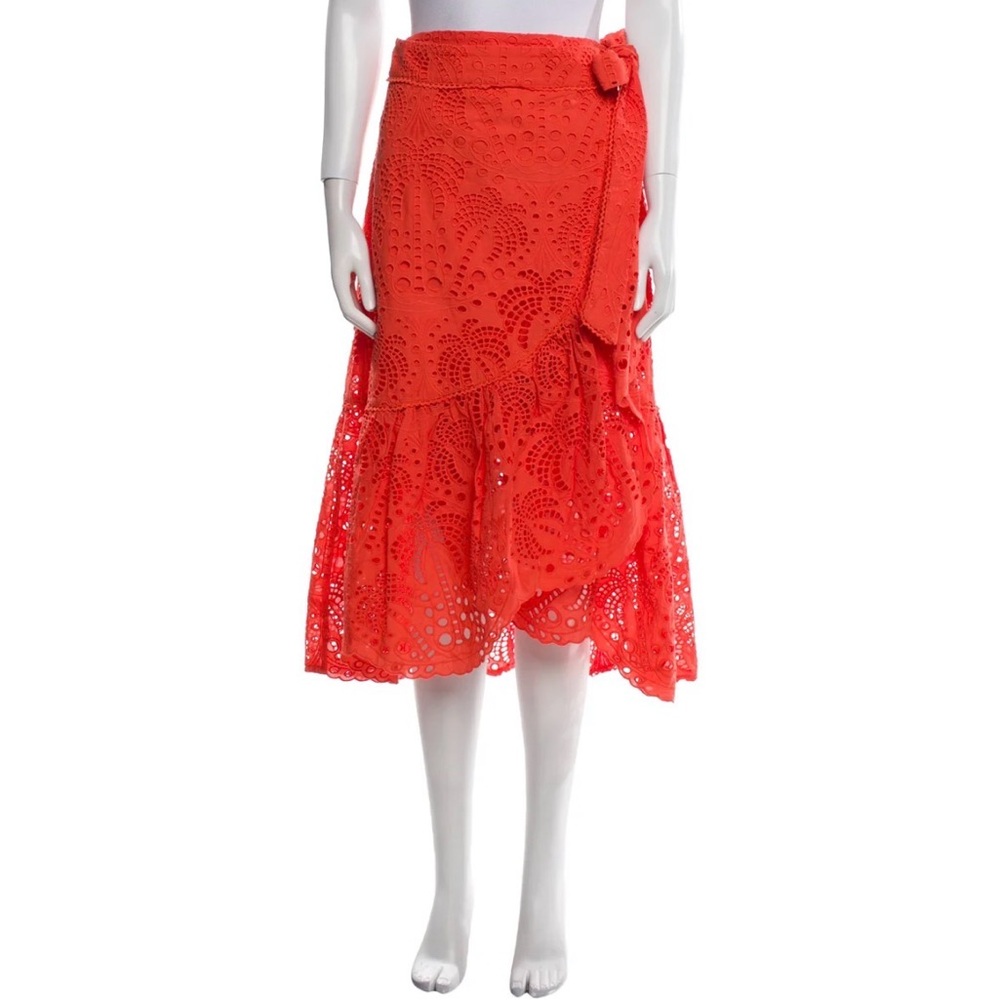 FarmRio Orange Eyelet Midi Wrap Skirt